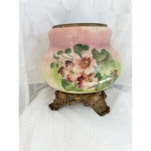 Antique Victorian Oil Lamp Base Pink Green Floral Hand Painted Cast Iron Base